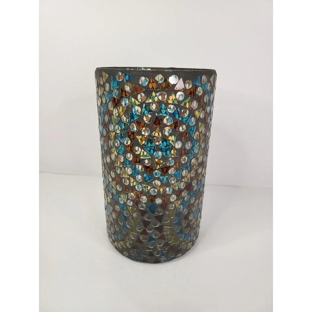 Mosaic Glass Cylinder Vase Blue Amber Gold Geometric Tile Candle Holder 8in